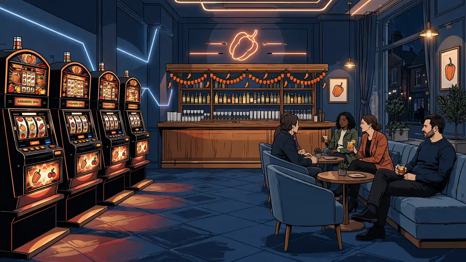 UK casino lounge interior with glowing slot machines and warm neon lighting at night.