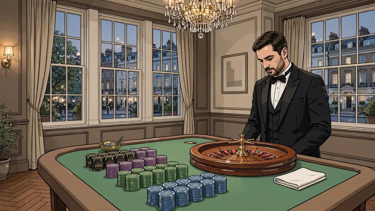 Luxury UK casino lounge with gaming tables, chips, and chandelier