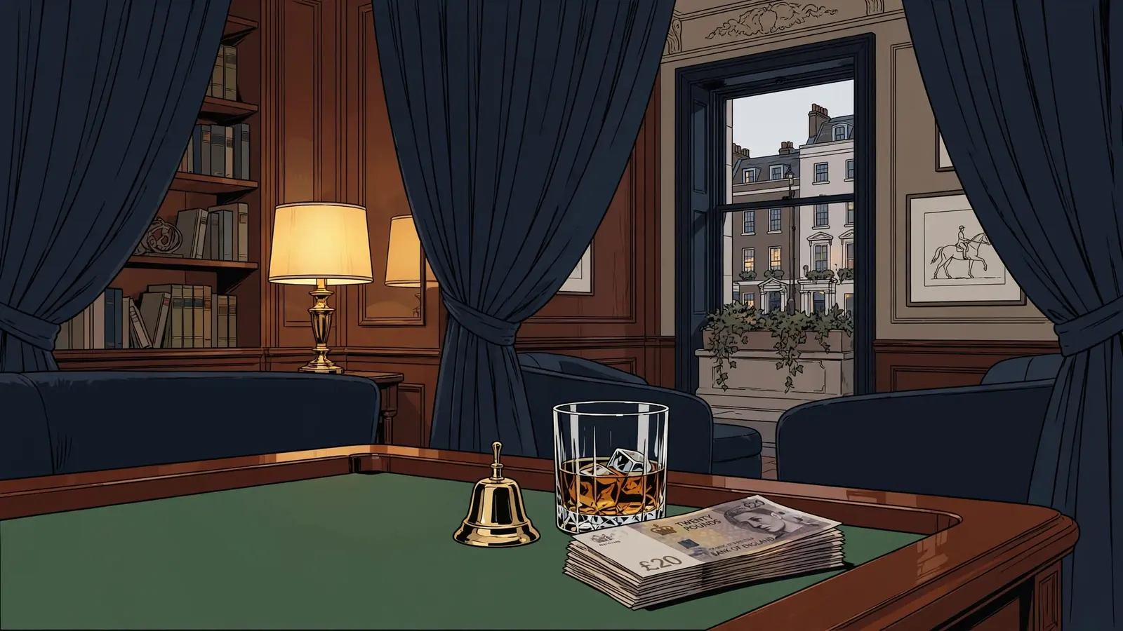 Elegant London casino lounge interior with whisky and money on a velvet table