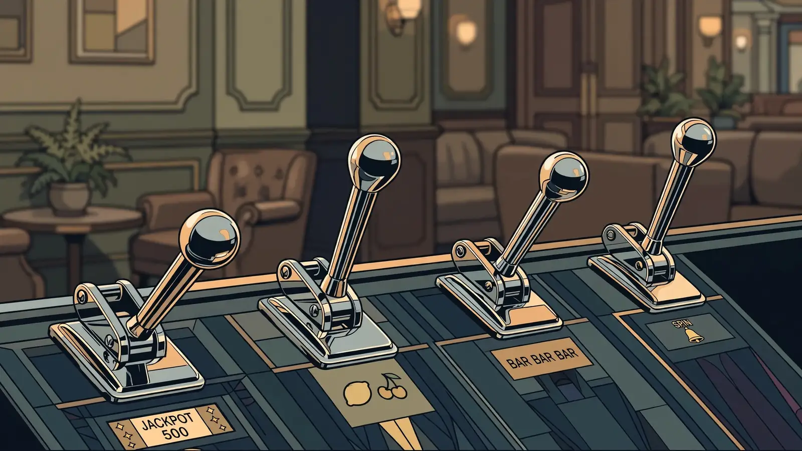 Polished slot machine levers on a British casino gaming floor