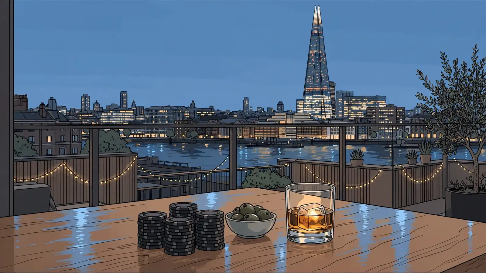 London rooftop scene with Thames skyline at dusk and casino chips on a wooden table.