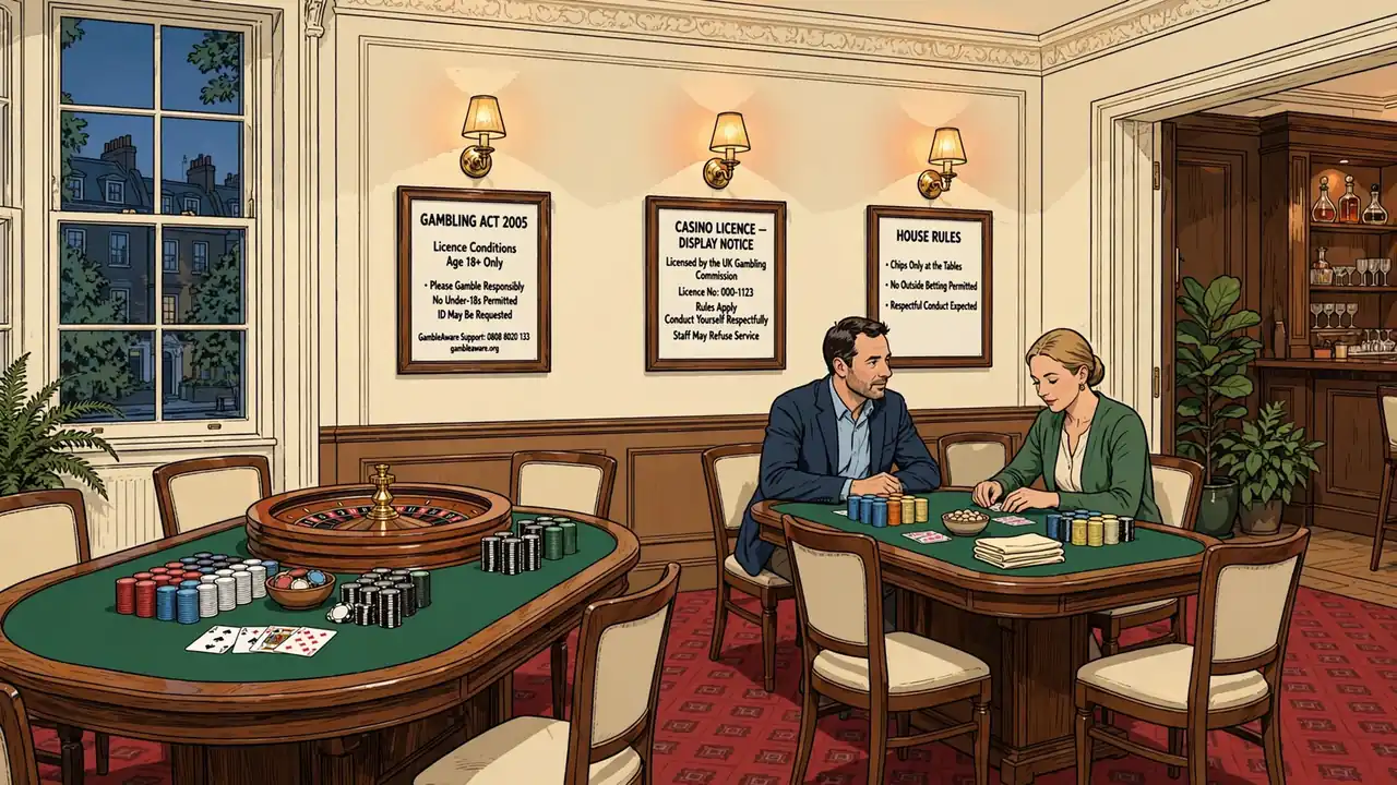 Elegant UK casino lounge with card tables and roulette wheel
