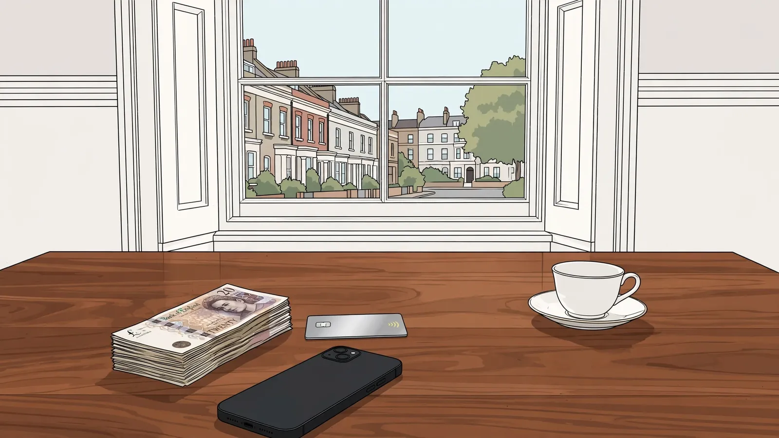 British pounds, a bank card, a face-down phone, and a teacup on a London walnut table.
