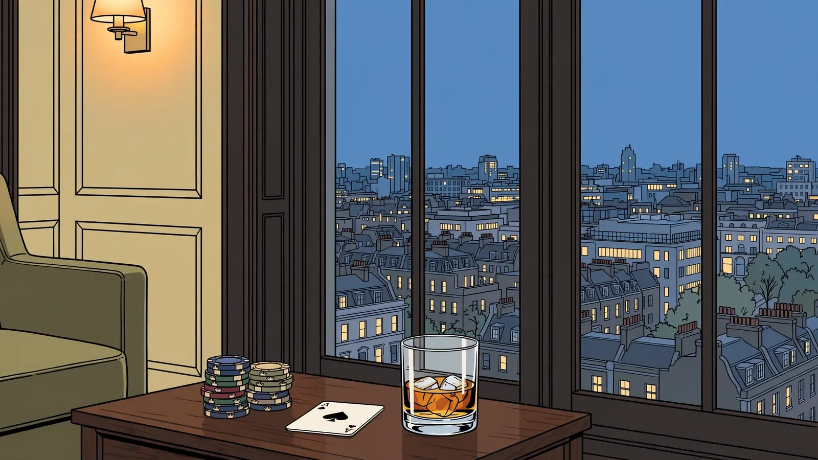 London skyline at dusk through a lounge window, chips and a card on a side table.