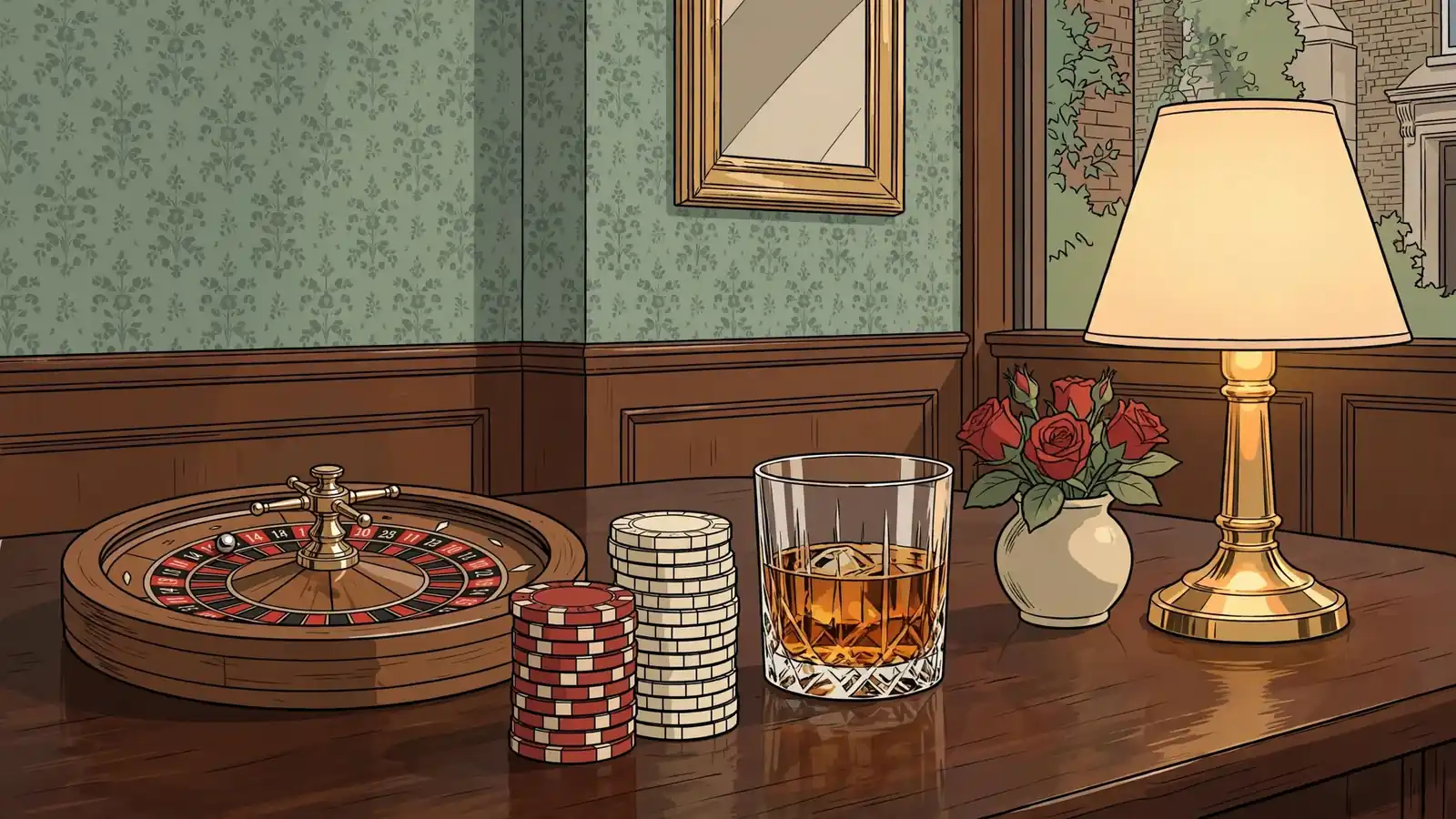 Roulette wheel, casino chips, whisky glass, and roses on a dark wood table in a softly lit British lounge.