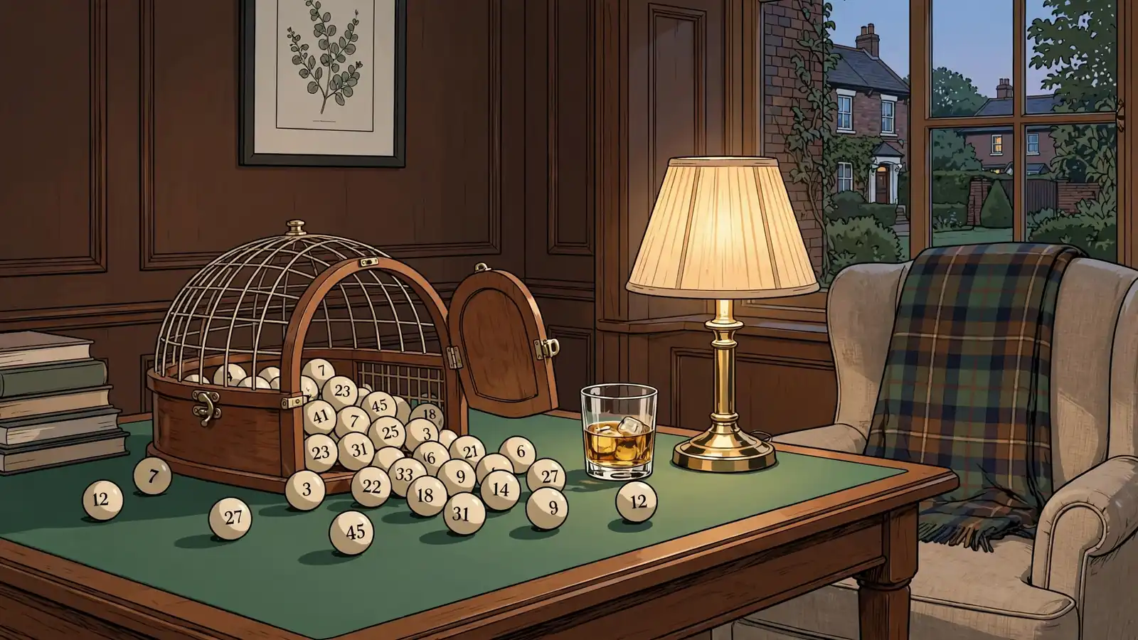 Wooden keno ball cage with numbered balls on green felt under warm British lounge lamplight