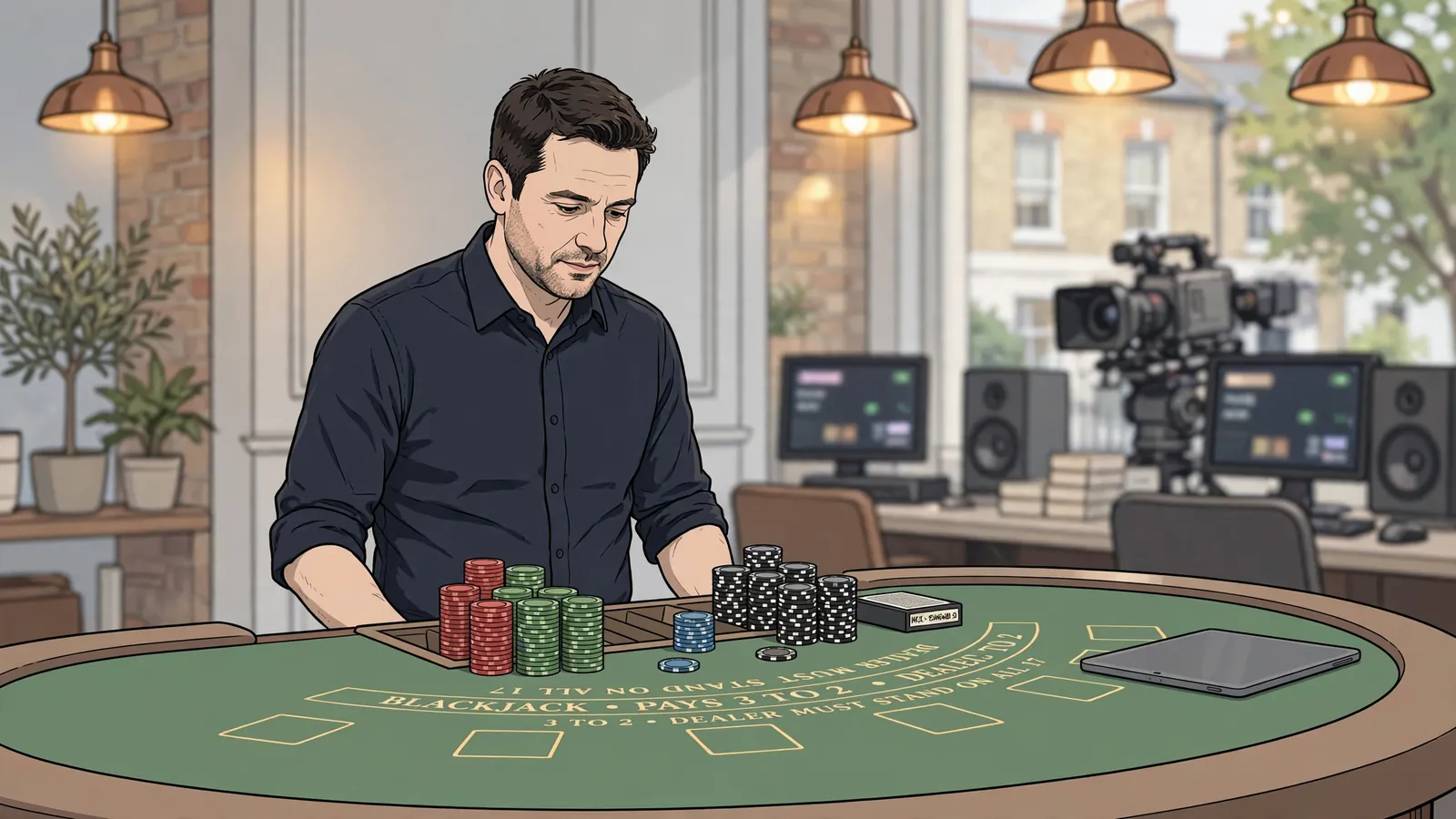 Live dealer at a UK casino studio blackjack table under warm lights