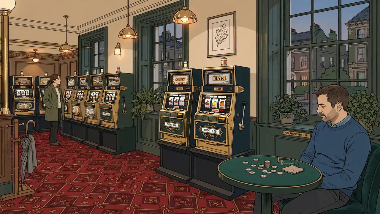 Quiet UK casino lounge with classic slot machines under warm lighting.