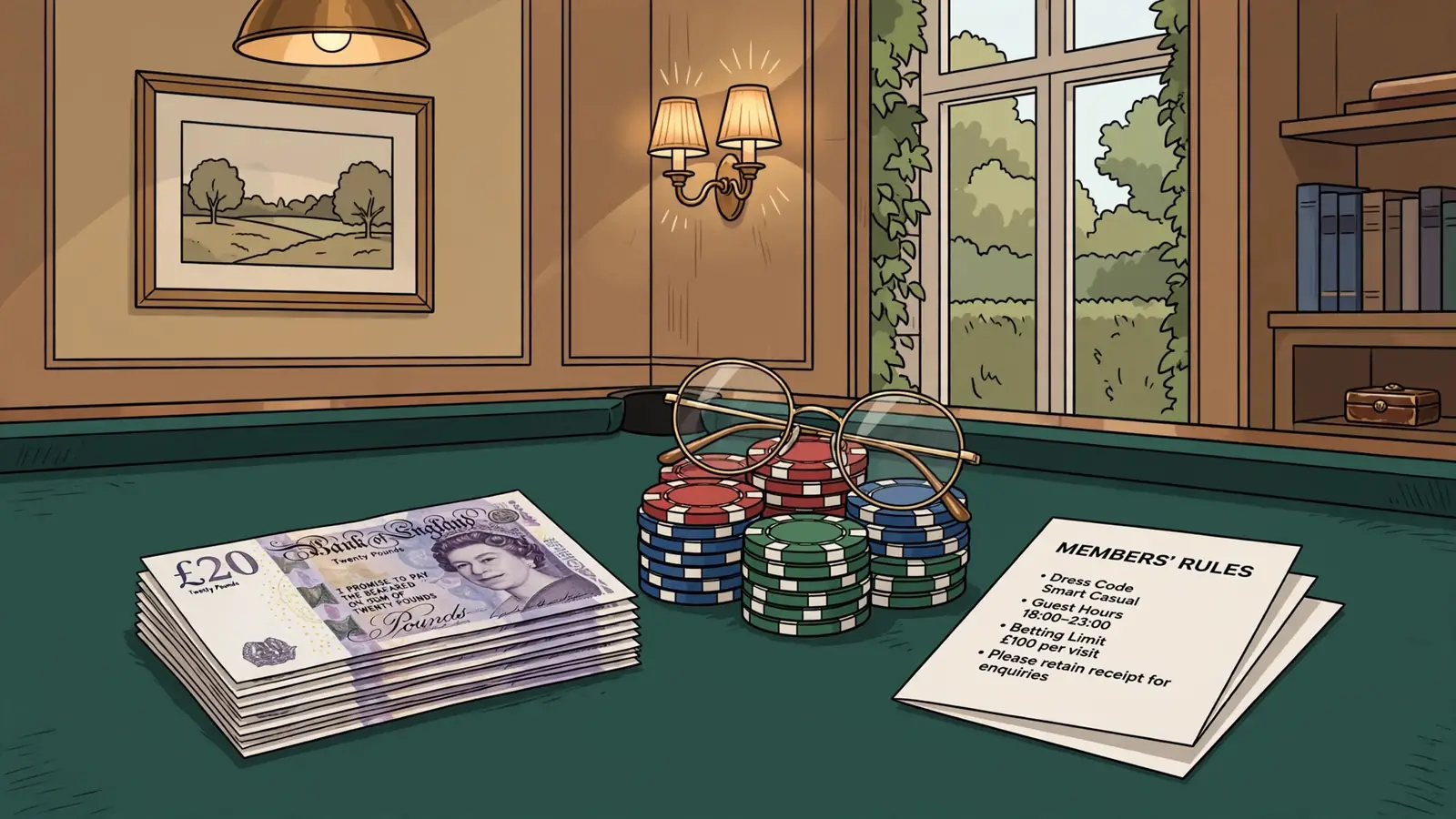 British pounds and casino chips on a green felt table with reading glasses.