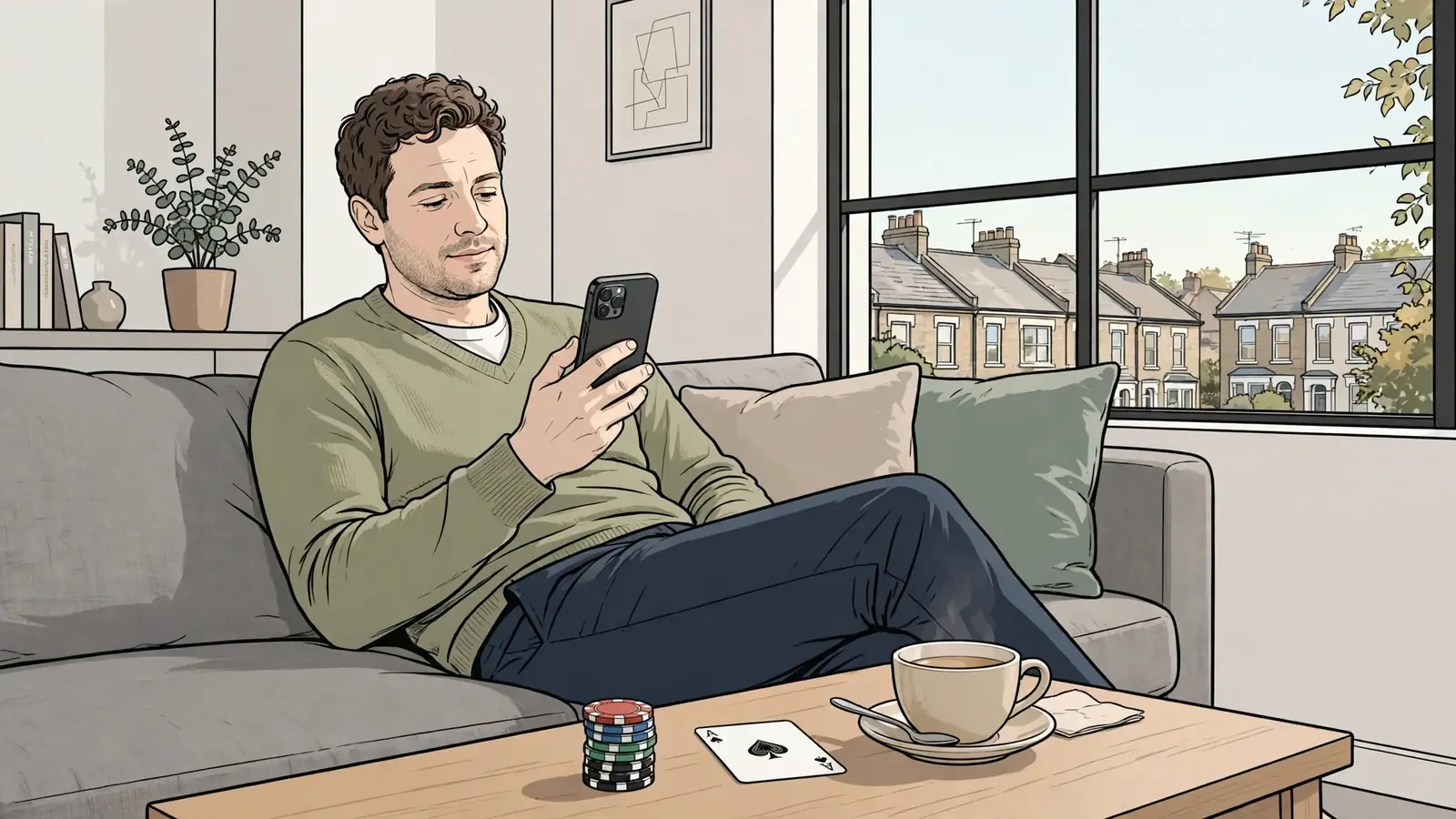 Person using a smartphone for a phone-credit casino deposit in a UK home.