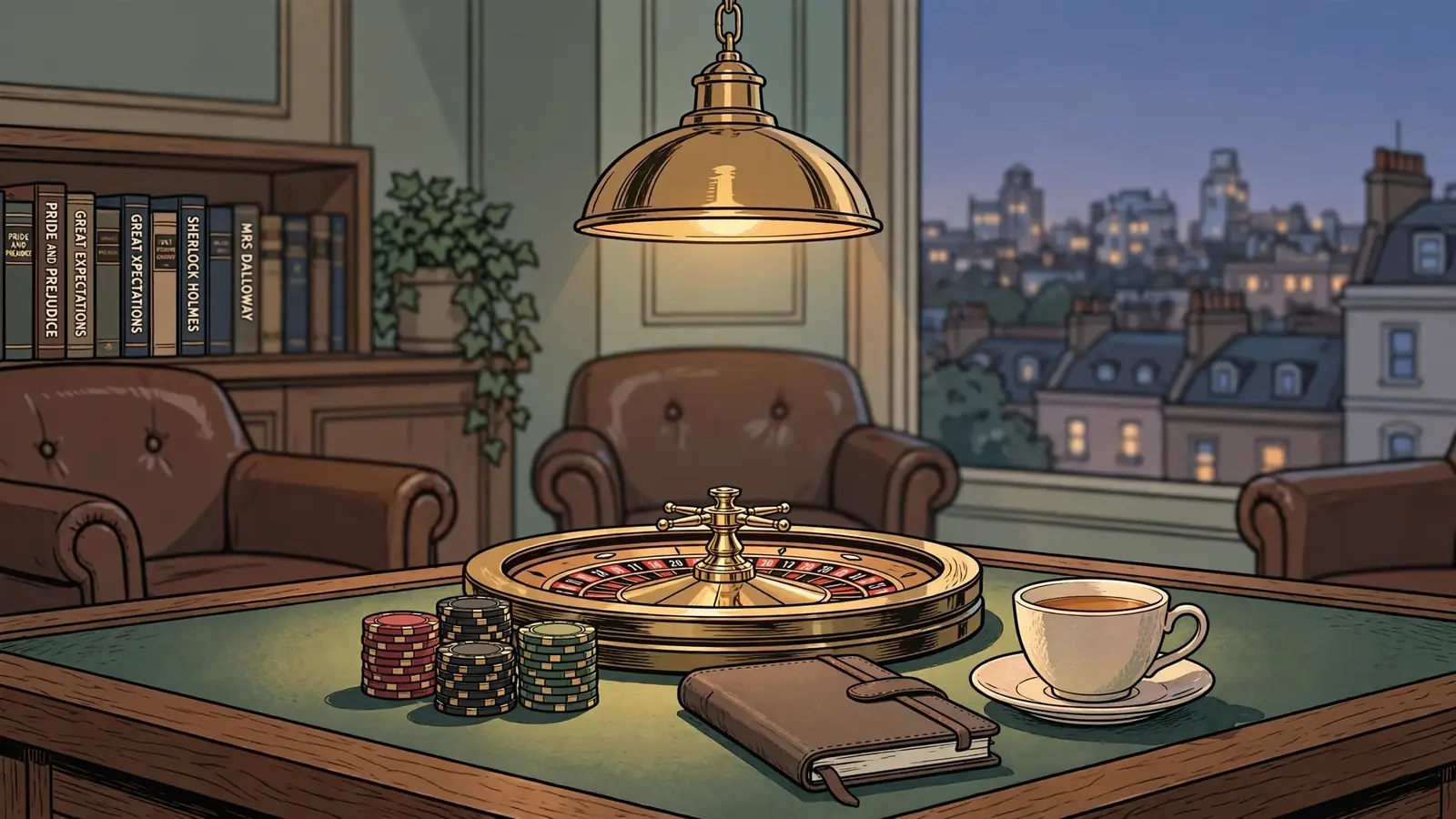 UK casino lounge with chips, roulette wheel, and London skyline at dusk