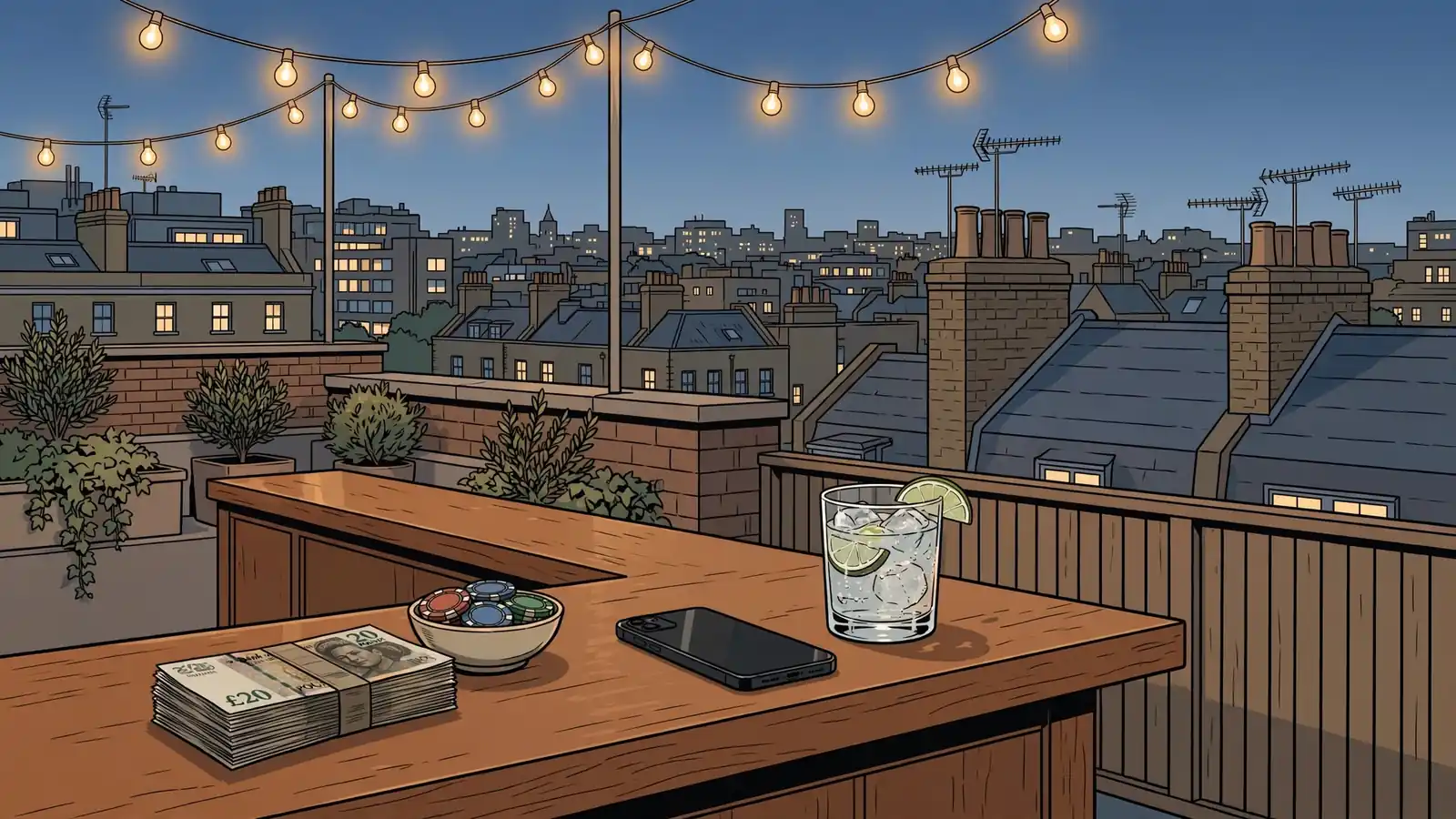 London rooftop bar at dusk with casino chips and pound notes on the counter.