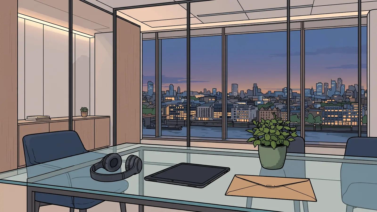 Modern London office at dusk with Thames skyline view and conference table
