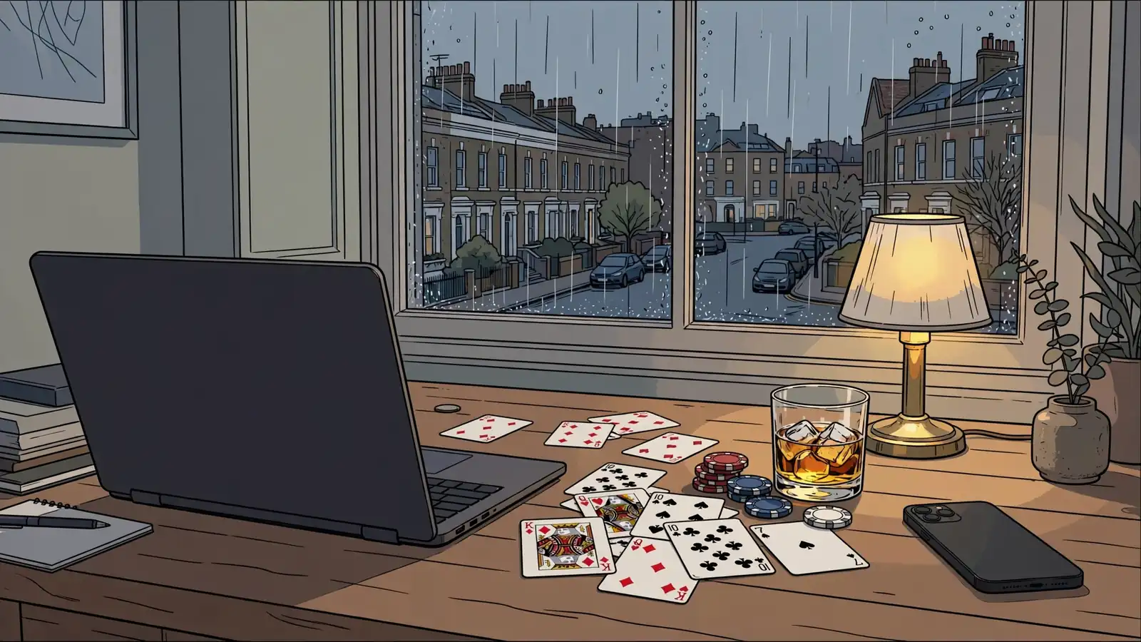 Laptop with turned-away screen, playing cards, chips, and whisky on a British desk at dusk.