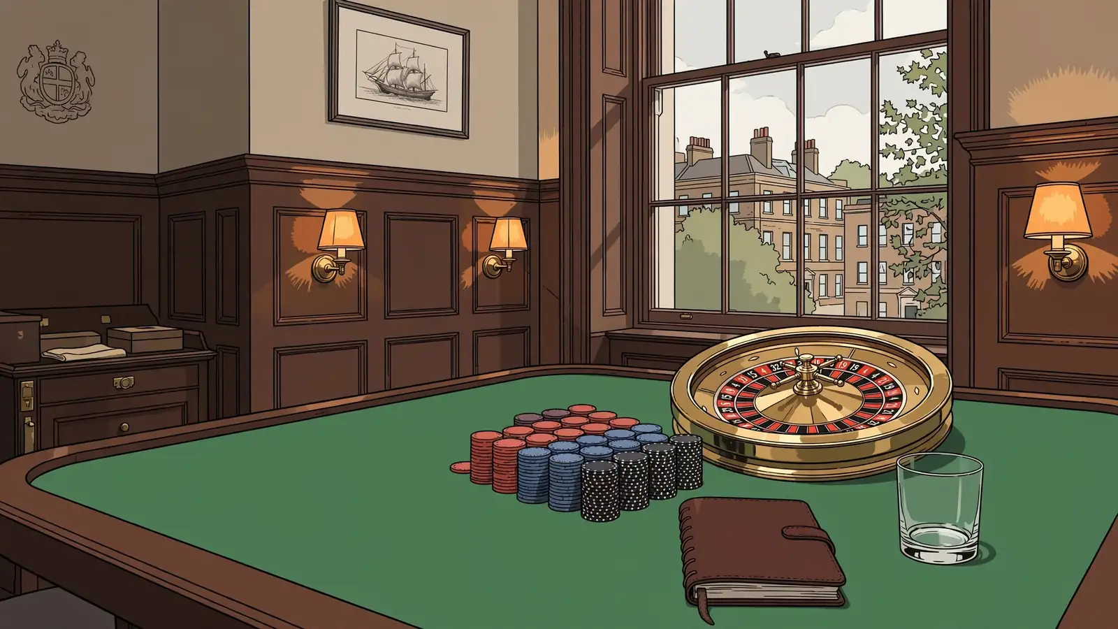 Card table with chips and roulette wheel in a classic London club room.