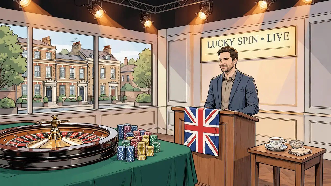 Game show studio with roulette wheel, casino chips and British flag.