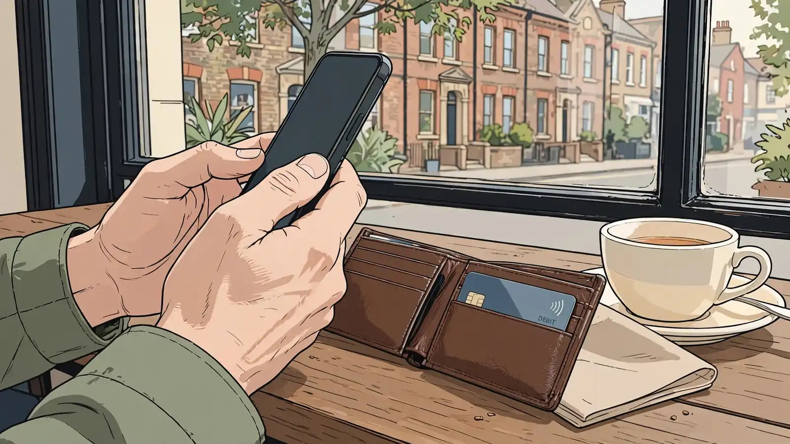 Hands holding smartphone and wallet with contactless card on a London café table