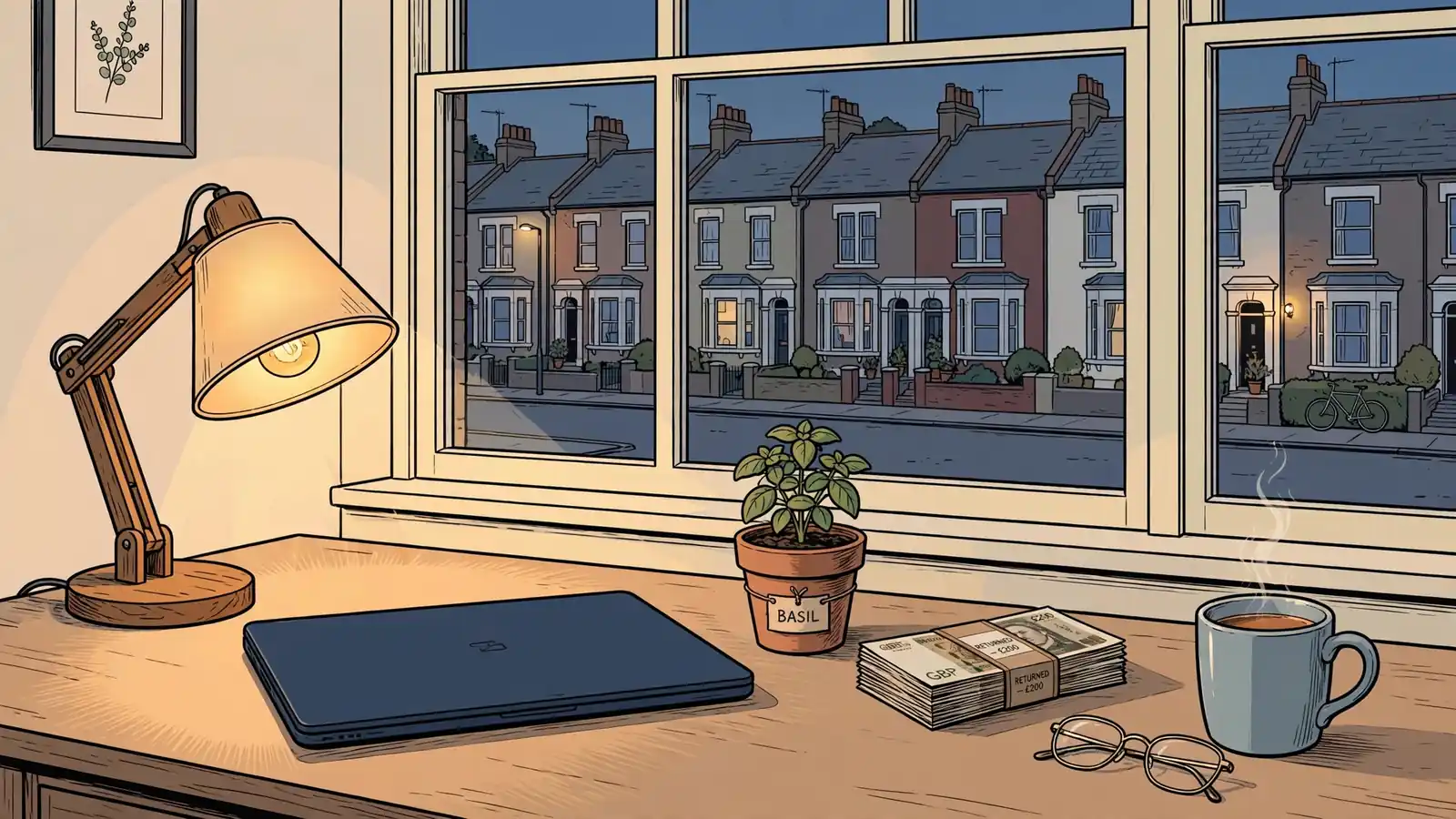 Warm-lit UK home office desk with returned cash and a closed laptop