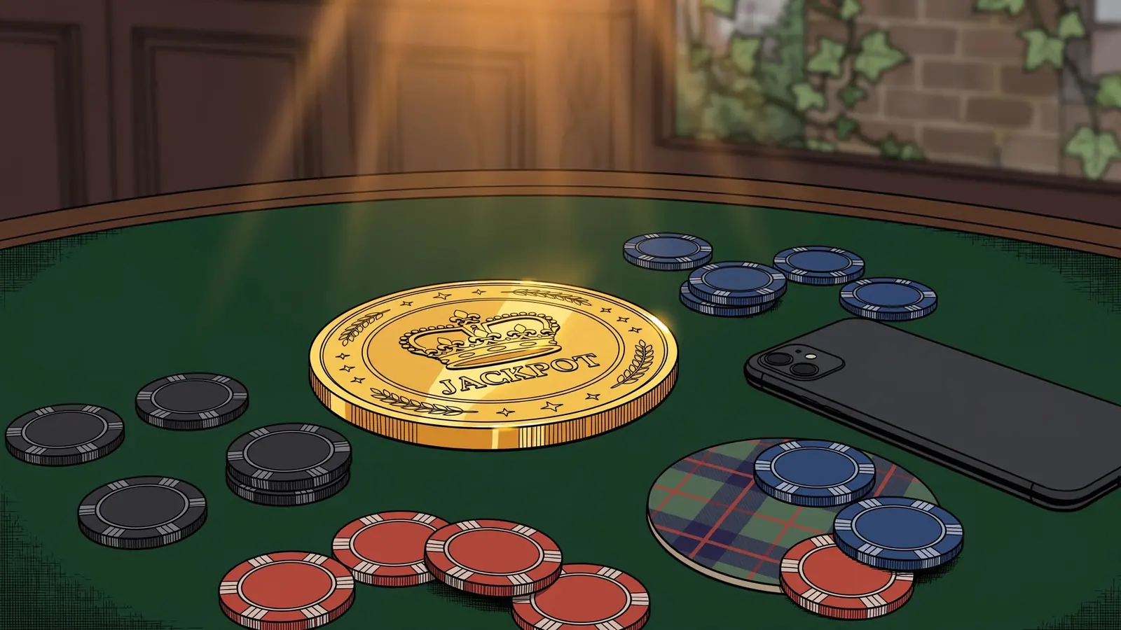 Golden jackpot coin on green felt with casino chips and a face-down smartphone