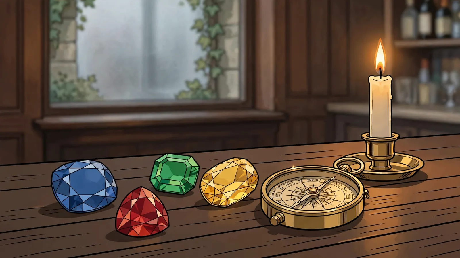 Polished gemstones on dark wood with brass compass in candlelit British pub interior.