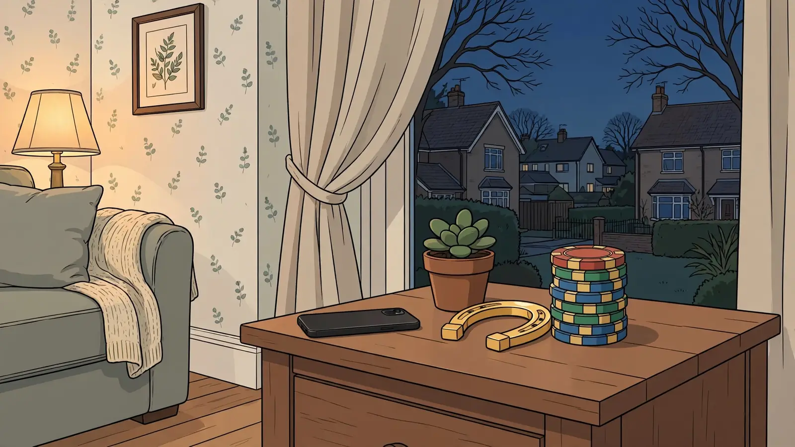 British home interior with casino chips and golden horseshoe on a side table