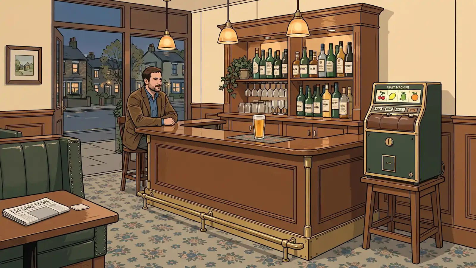 Classic British pub interior with a vintage fruit machine near the bar.