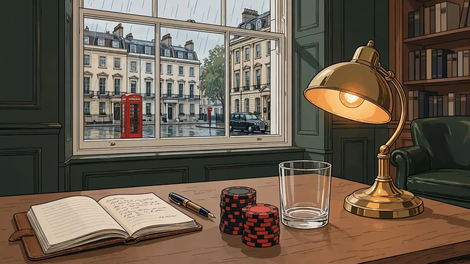 British lounge scene with casino chips, whisky glass, and a rainy London street view through a sash window.