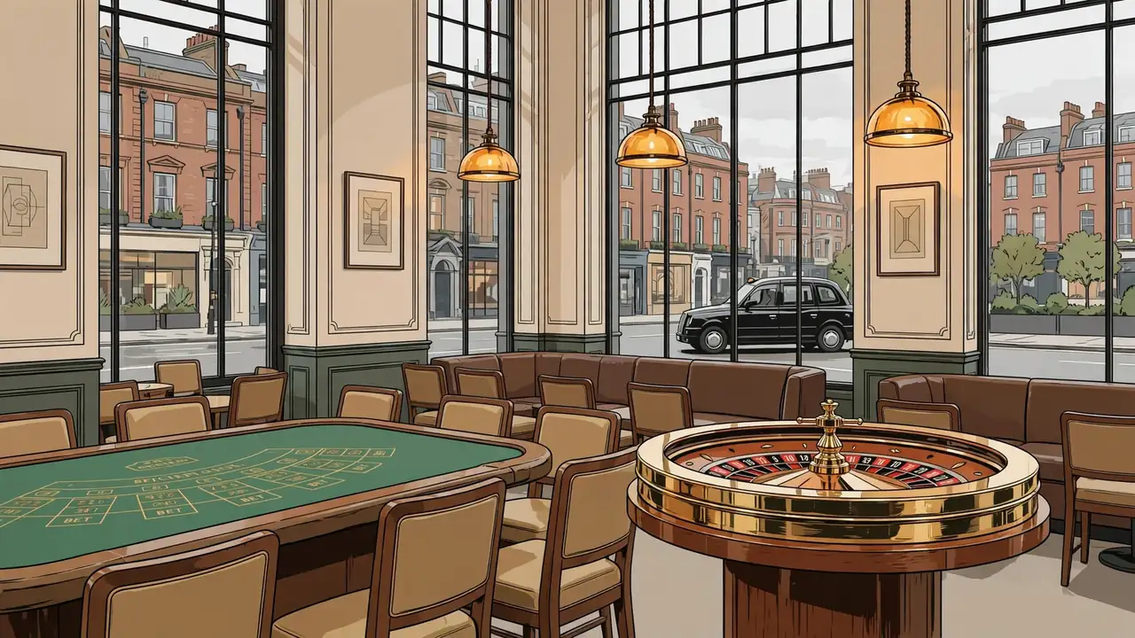 British casino lounge with roulette table and warm amber lighting