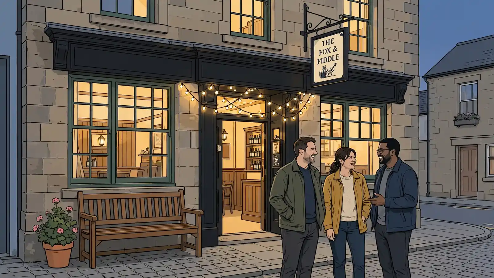 British pub entrance at dusk with warm lights and locals chatting outside