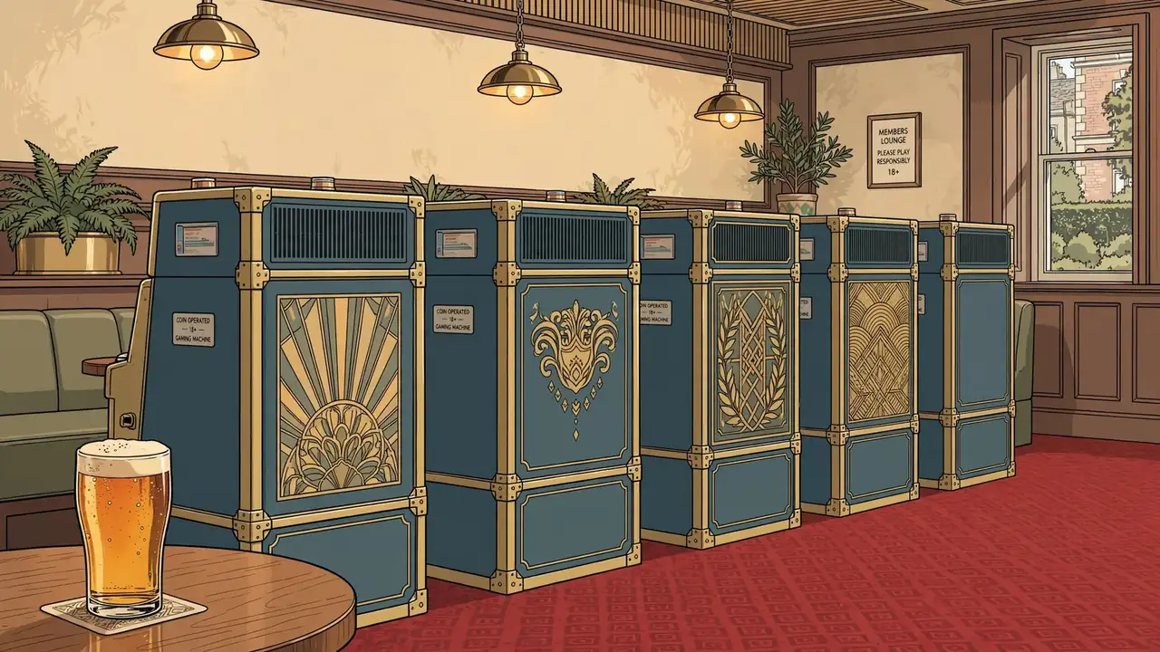Row of slot machines in a warmly lit UK casino lounge