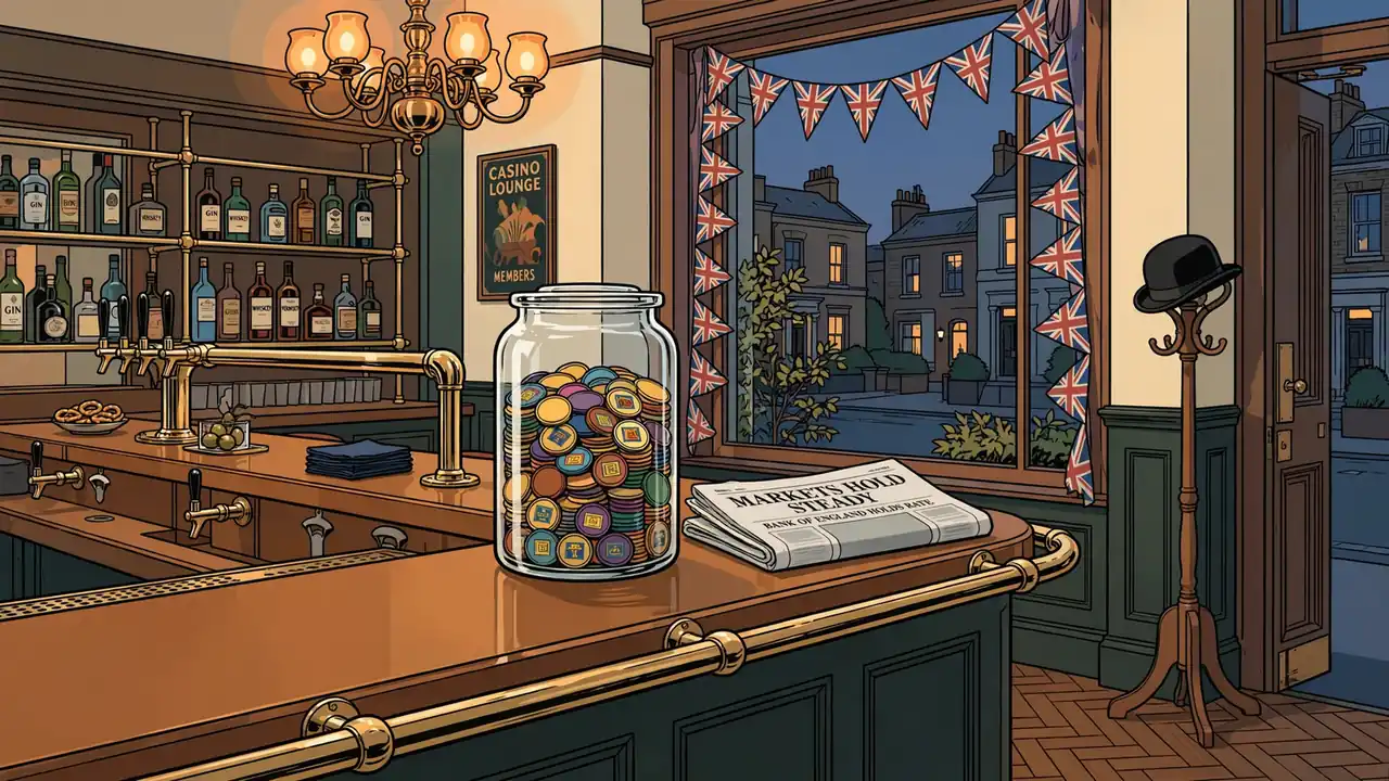 London casino lounge interior with slot-themed coin jar, warm lighting, and British decor.