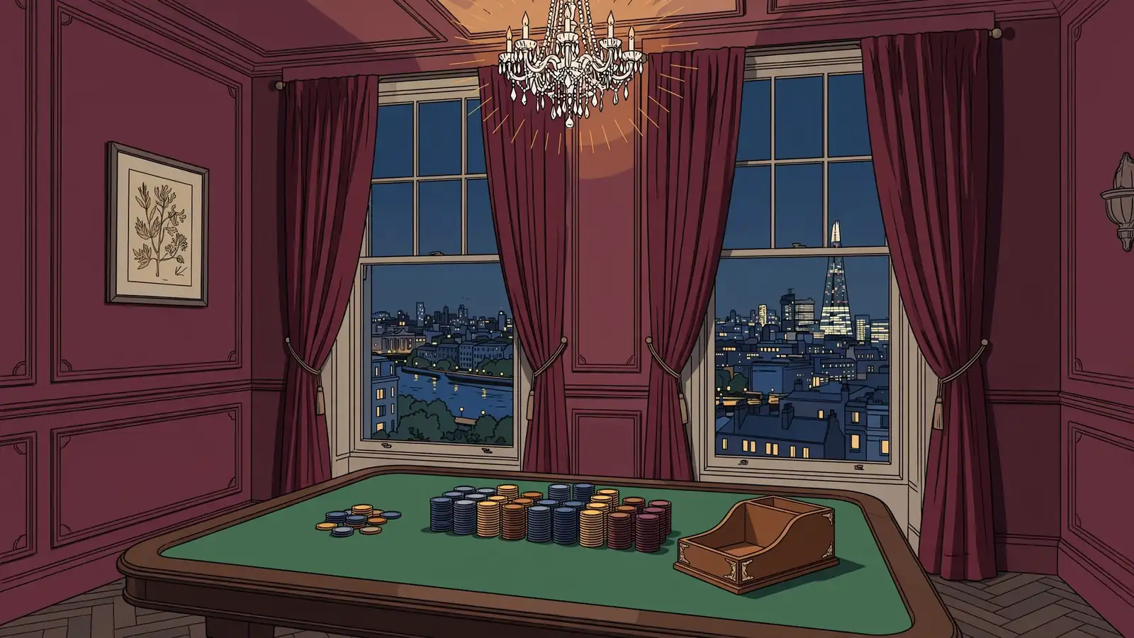 Elegant London private casino room with stacked chips, chandelier, and Thames skyline through tall windows.