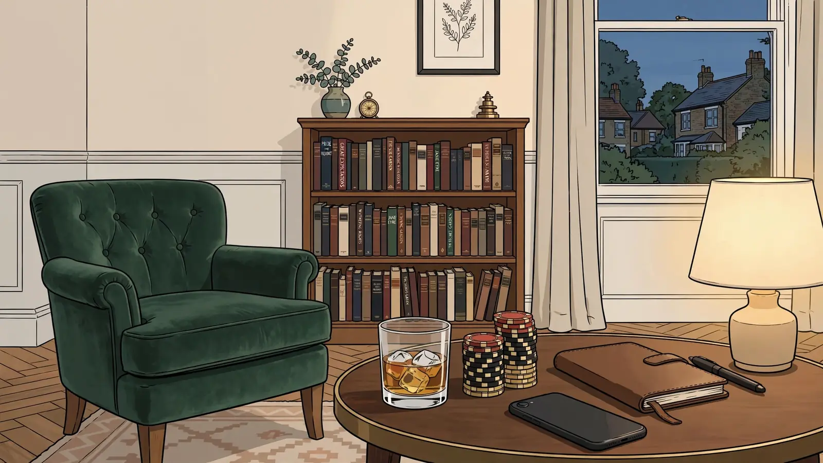 British home evening scene with casino chips on a side table