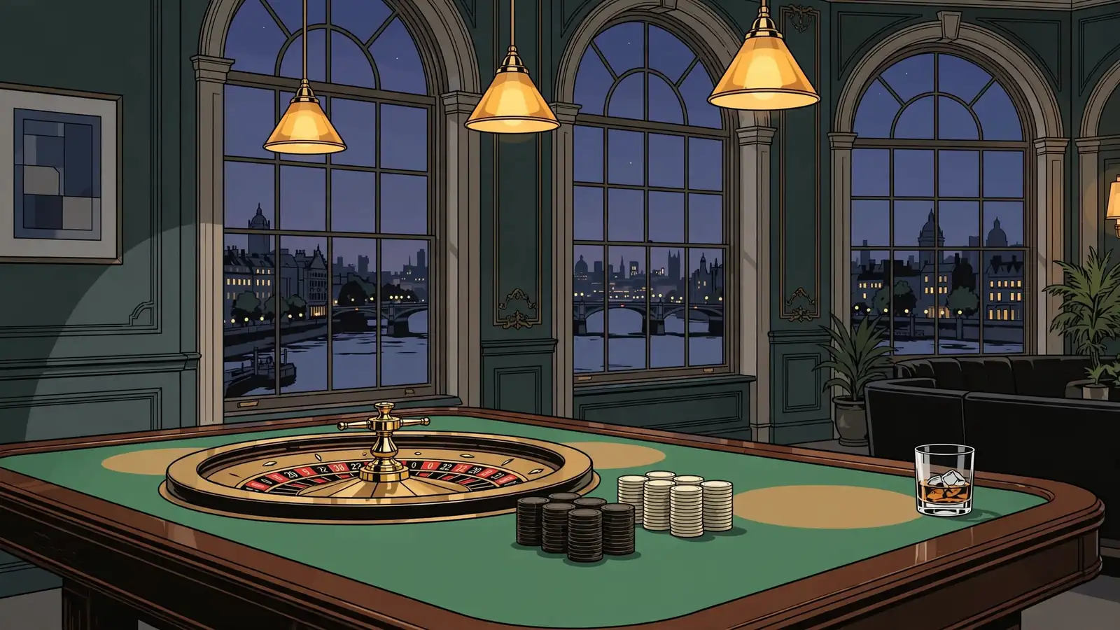 Elegant British casino lounge with roulette wheel, chips, and London skyline at dusk.