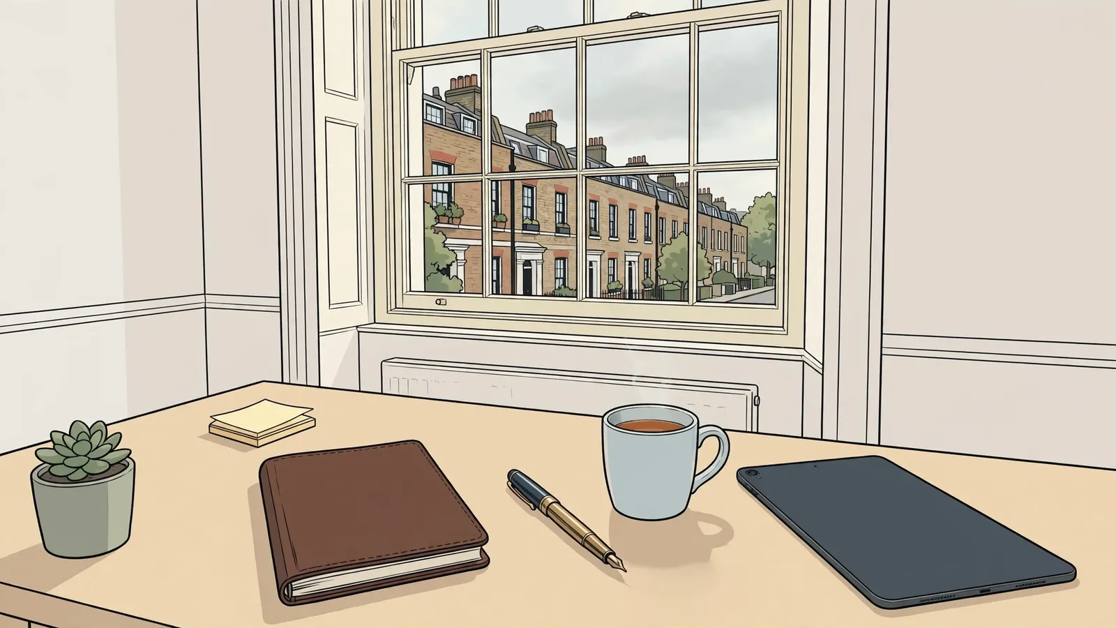 Closed notebook, tea mug, and face-down tablet on a desk near a London window.