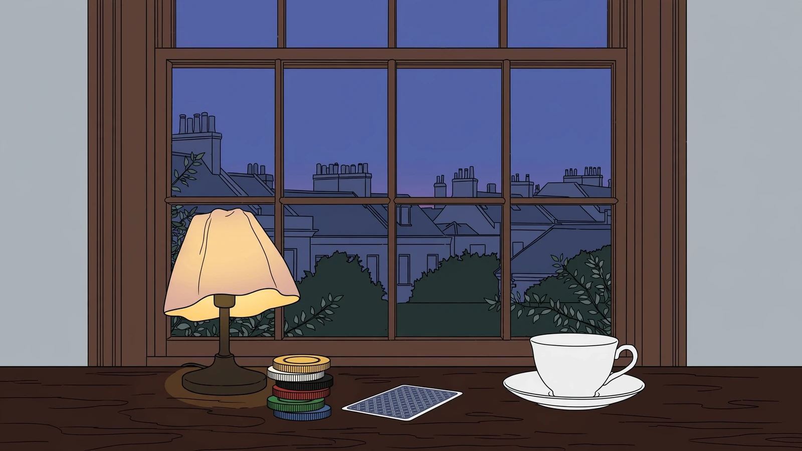 Casino chips, a face-down card, and a teacup on a wooden table with a Georgian London view through a window.
