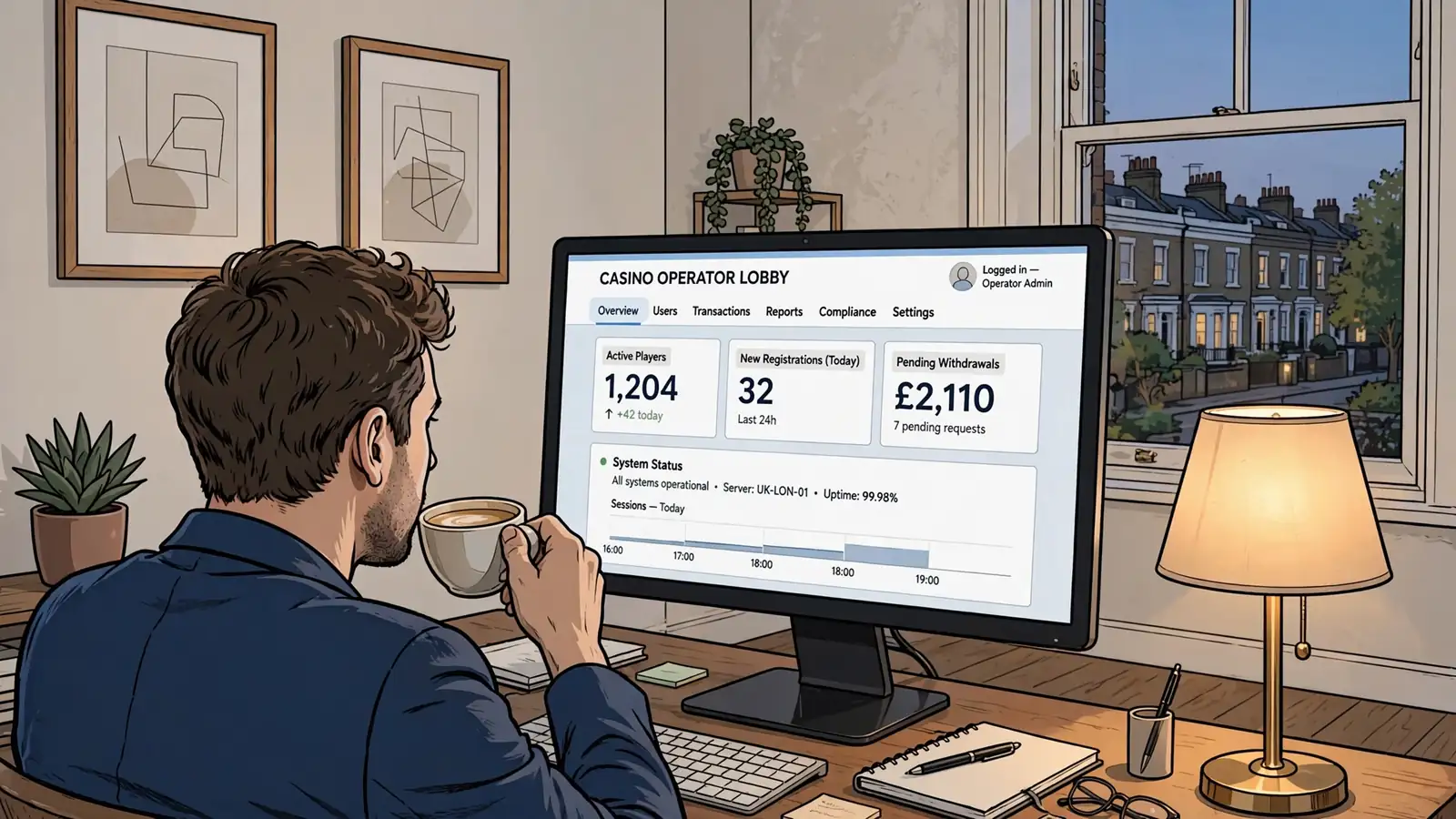 Person at desk viewing an online casino operator lobby on a monitor in a London flat.