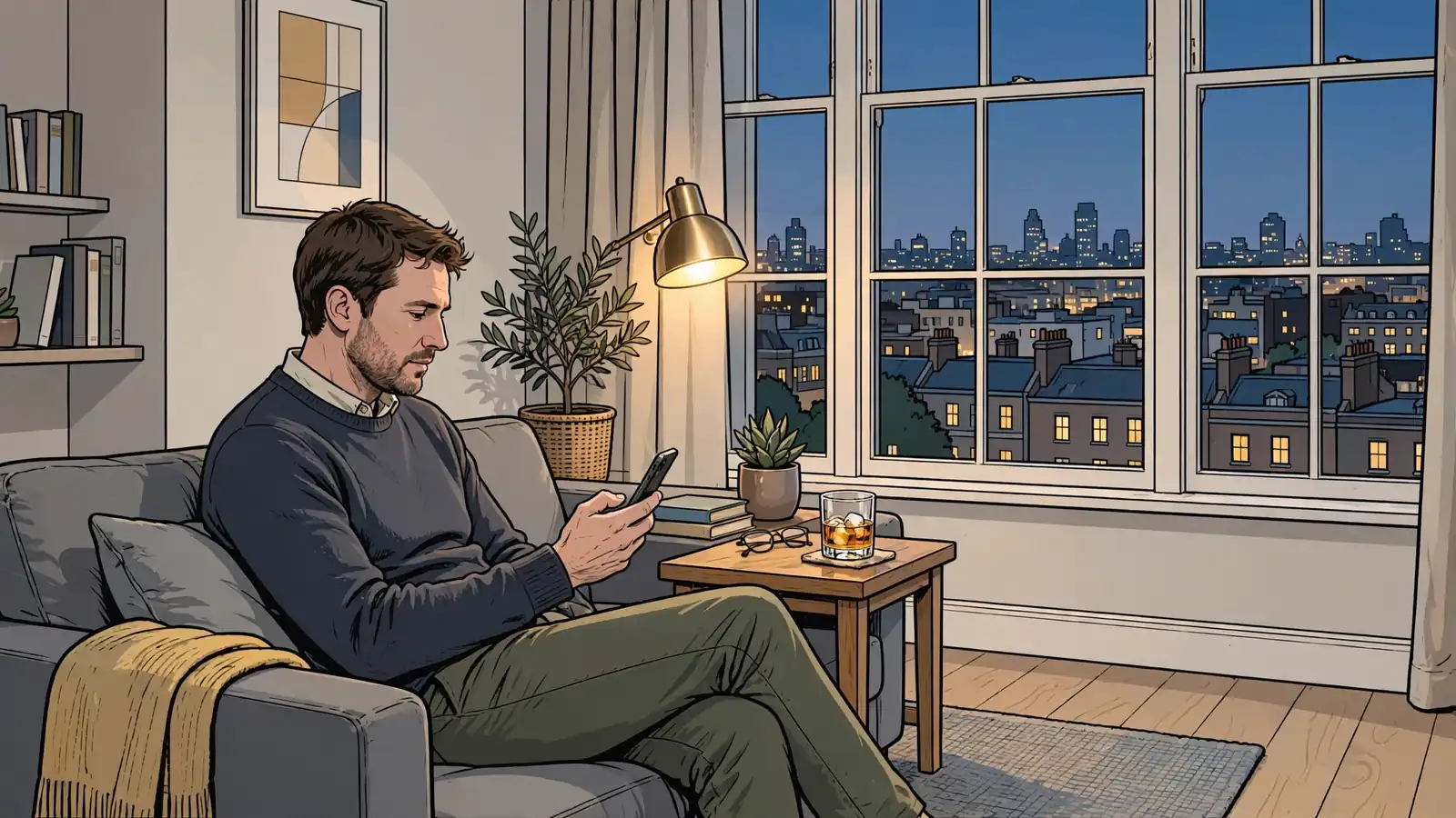 Person with smartphone in a modern British living room overlooking the London skyline.