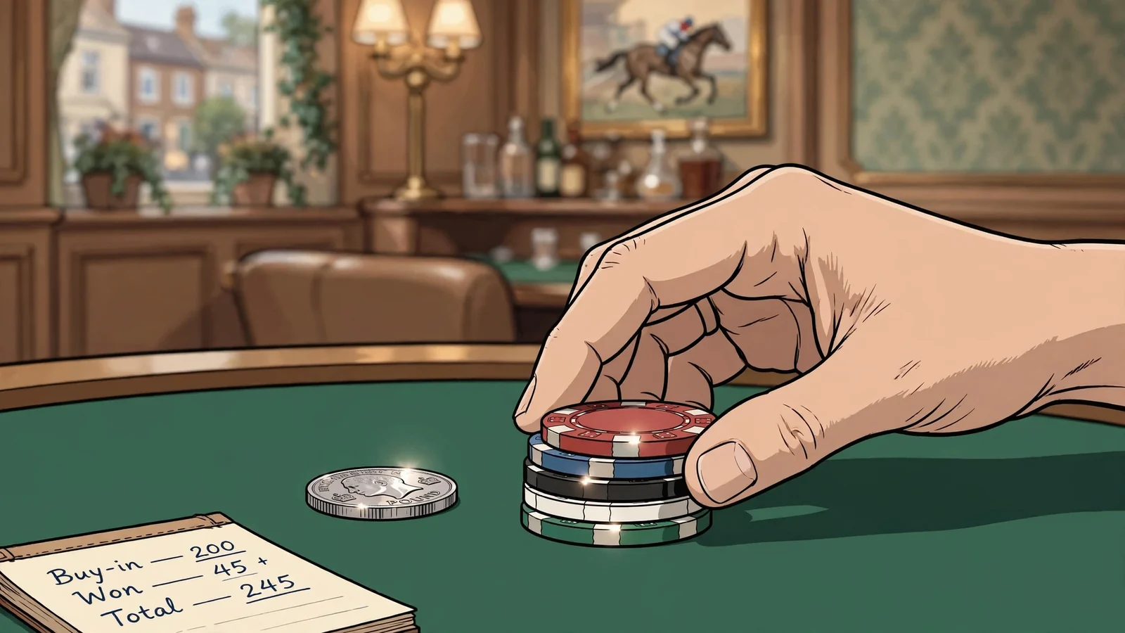 Hand placing casino chips on a green felt table with a notepad of figures.