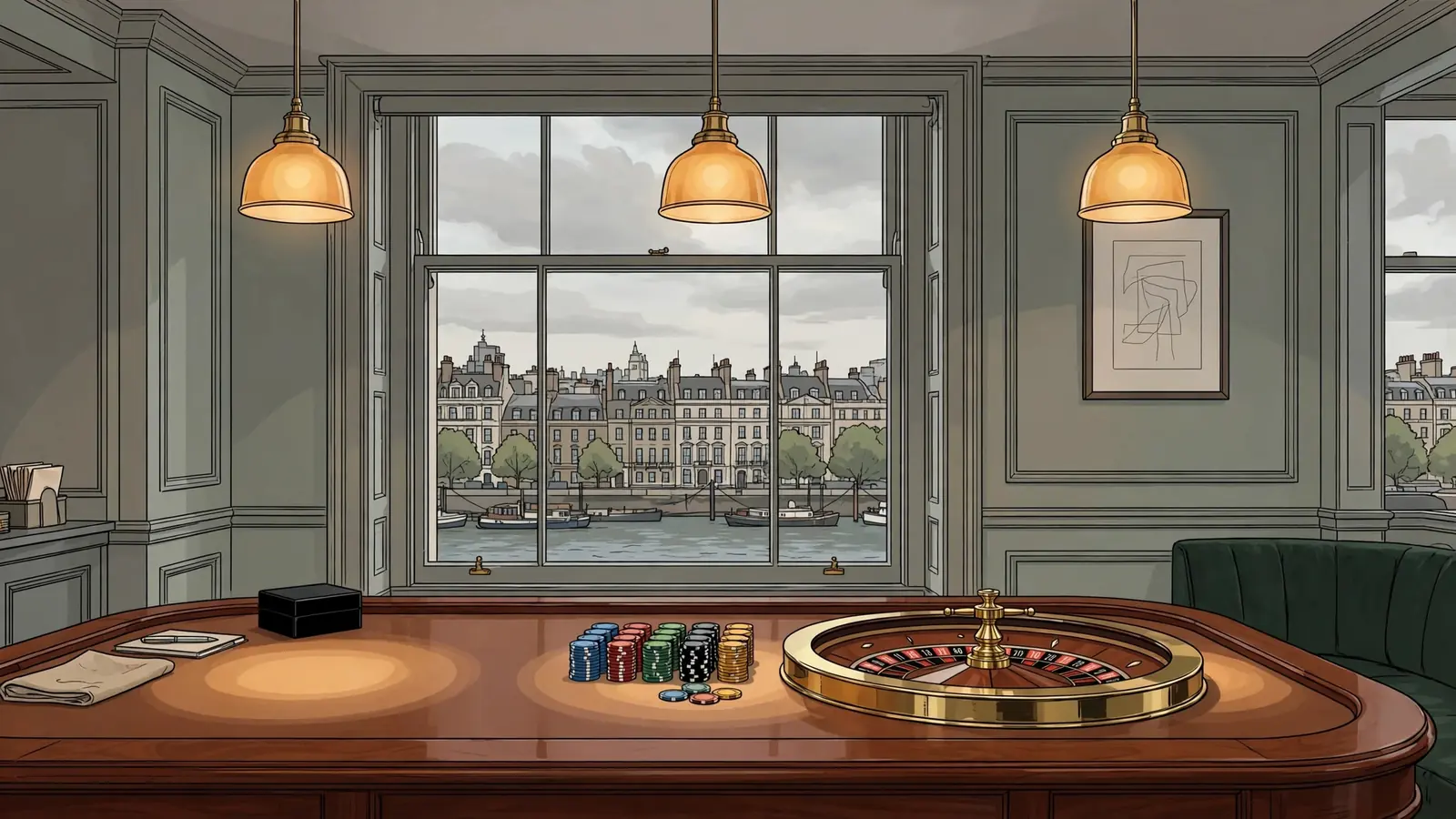 Casino chips and roulette wheel on a polished table inside a British gaming club with a London skyline view.