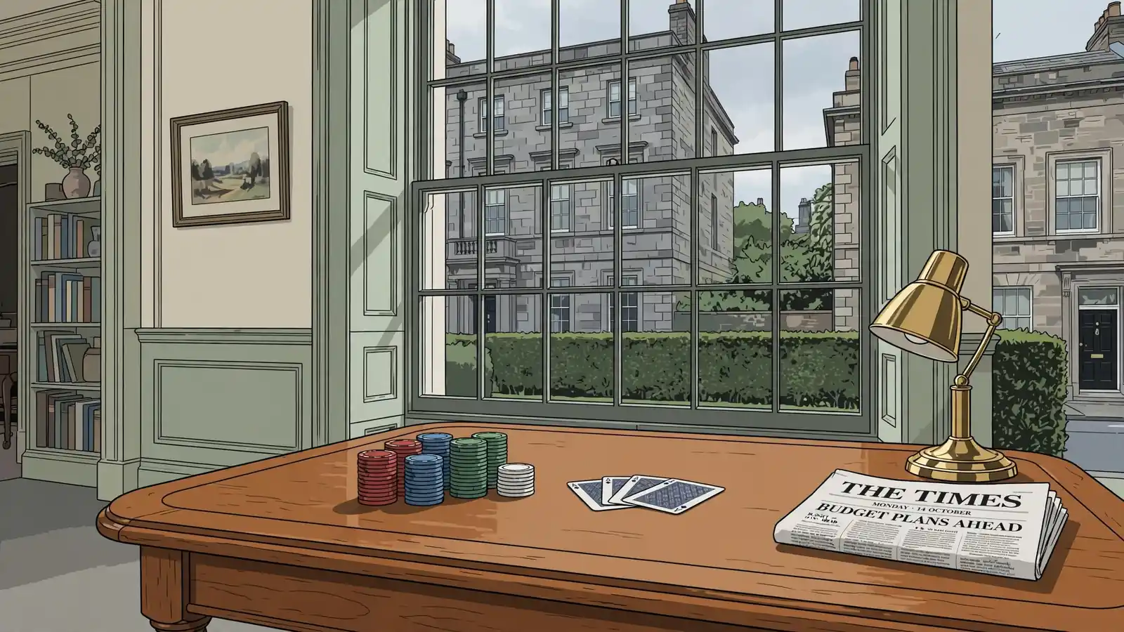 Card table with chips and cards by a window in a traditional British interior.
