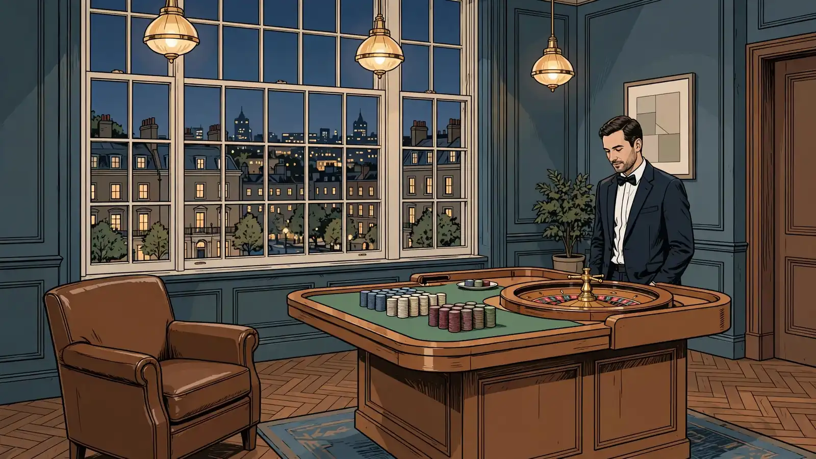 Elegant London casino lounge with a roulette table and croupier at night