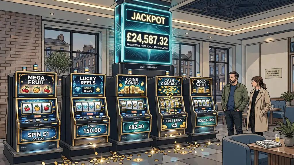 Glowing slot machines in a UK casino with an overhead jackpot counter
