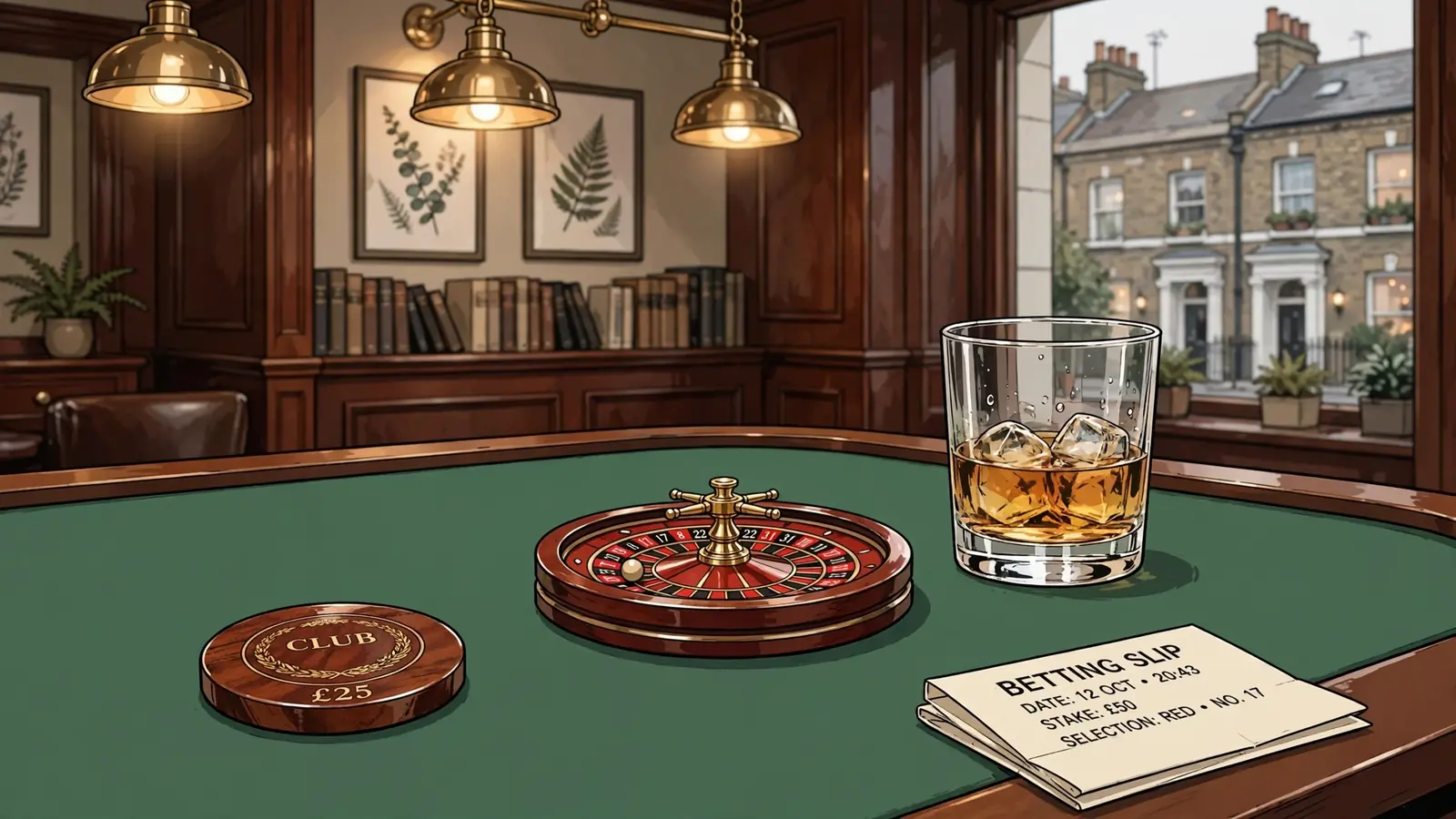 Roulette wheel and casino chip on green felt in a London gaming club