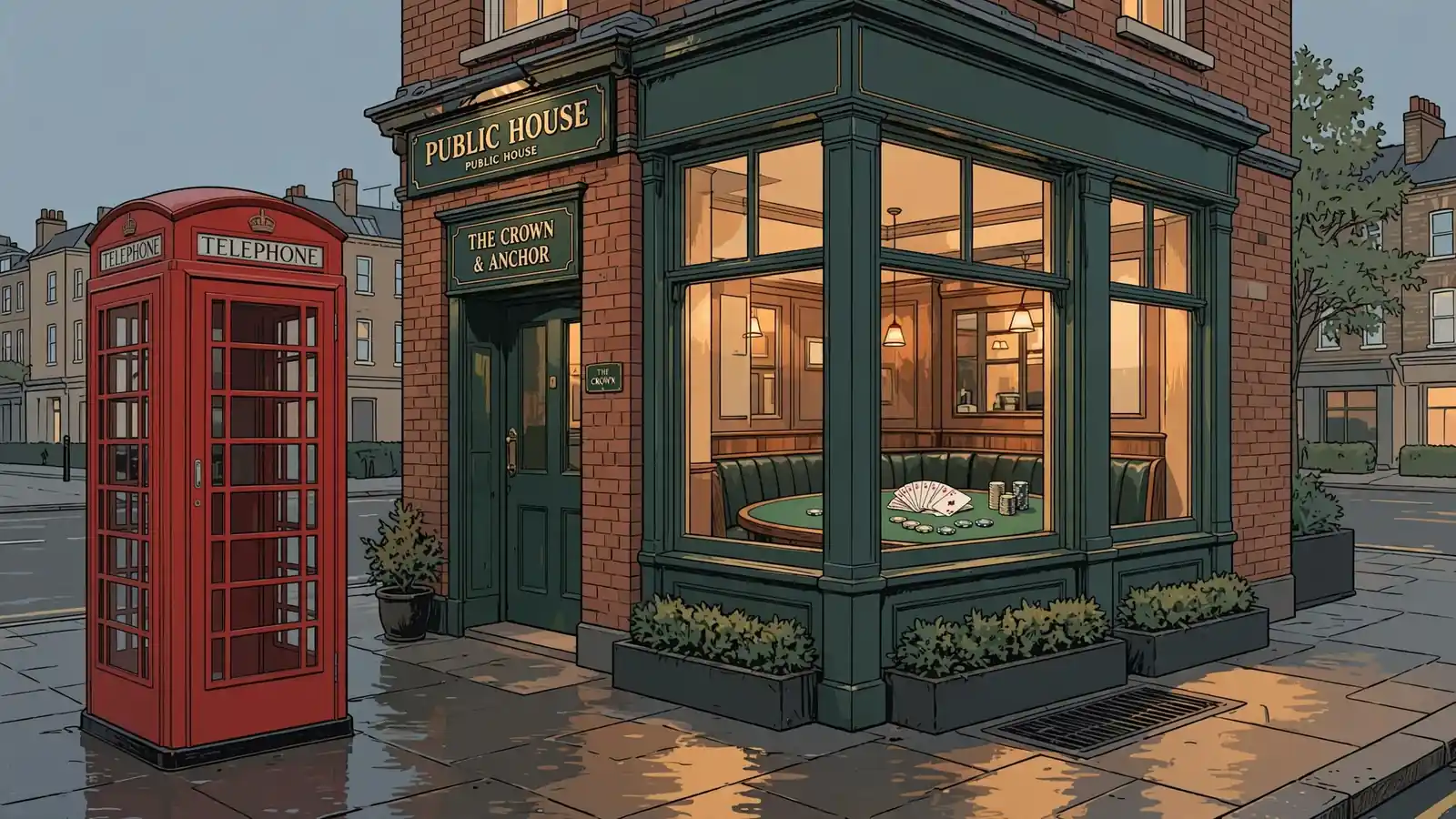 London pub exterior with card table inside, evening atmosphere