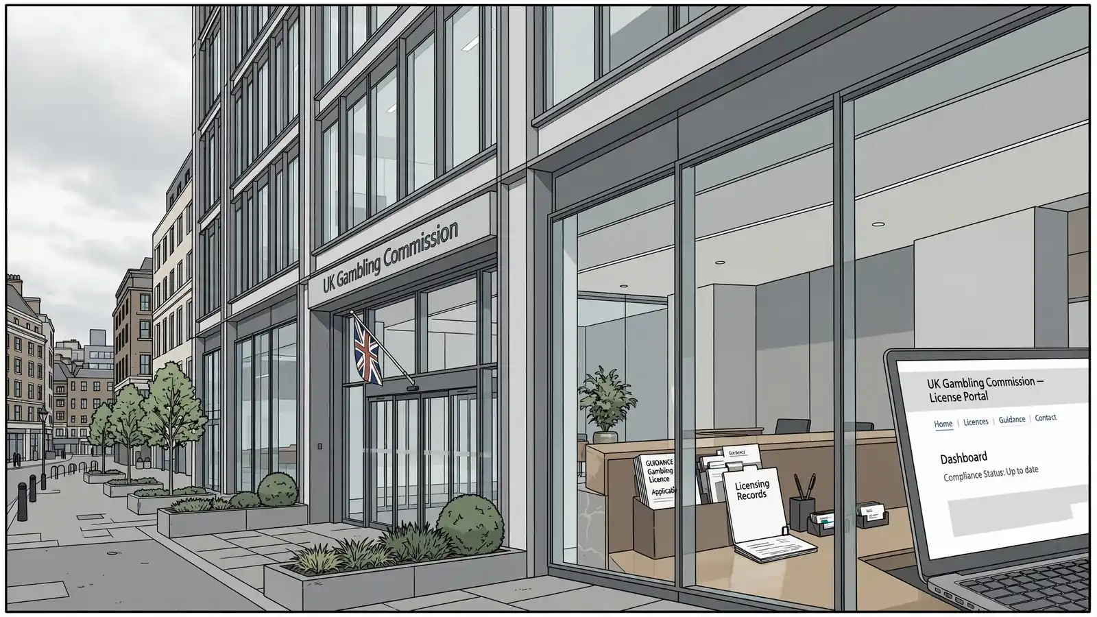 Modern UK regulatory office building for gambling oversight with a reception desk inside.