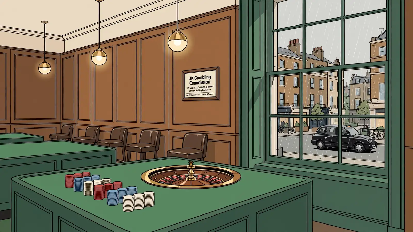 British casino lounge with roulette table, chips and UK licence plaque on wall.