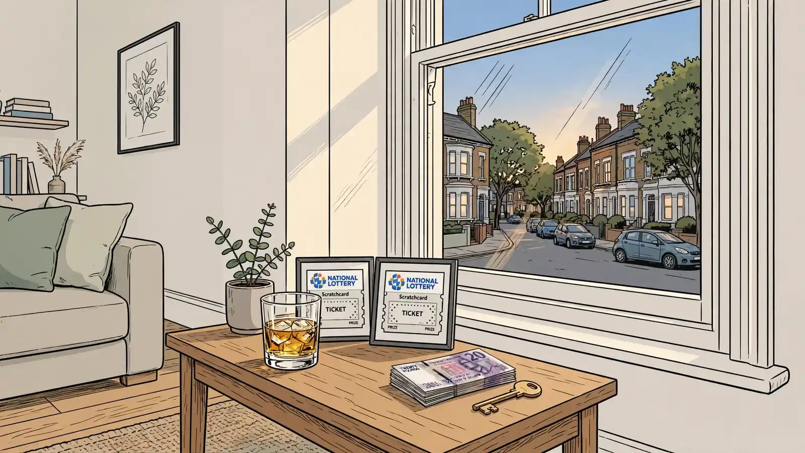 British living room with whisky glass, lottery tickets, and pounds by the window.
