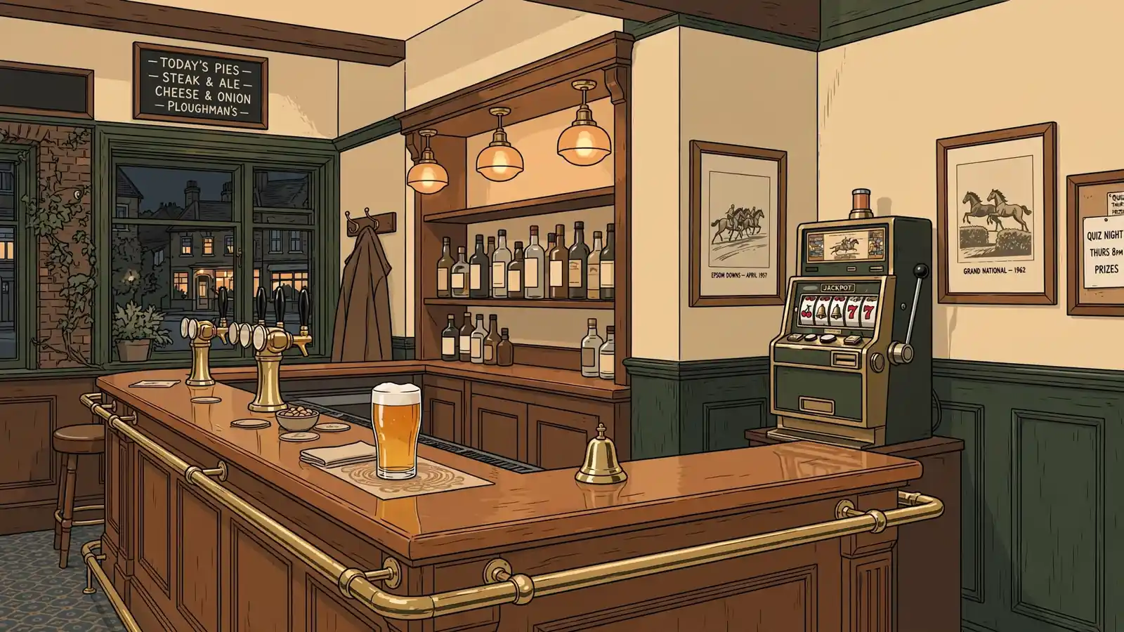 Classic British pub interior with vintage slot machine in corner