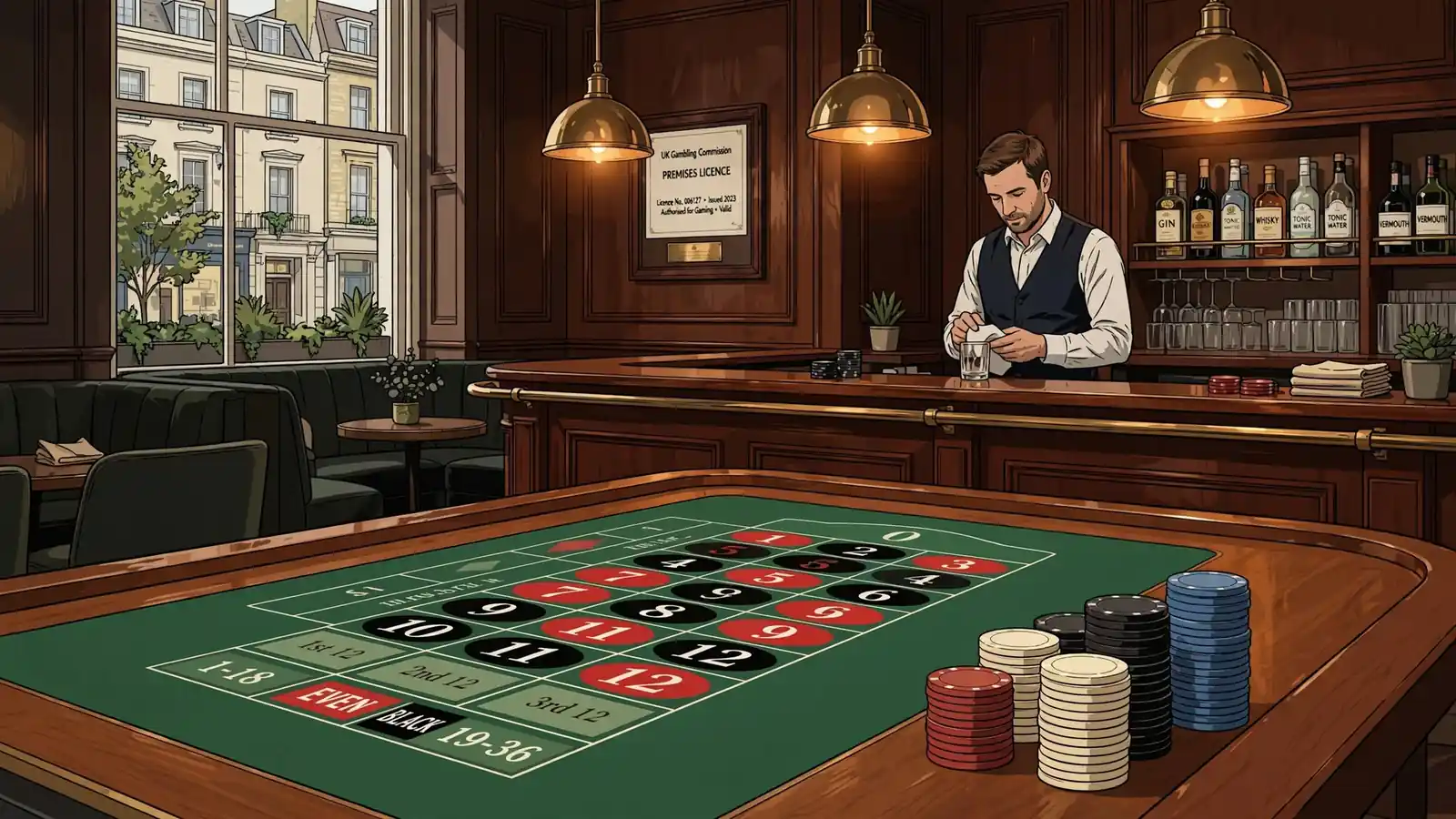 London casino lounge with roulette table and UK licence wall certificate